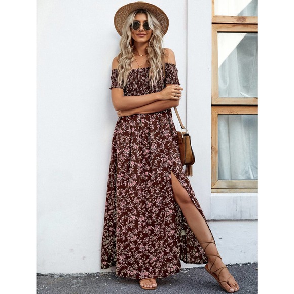 Off the Shoulder Floral High Slit maxi Dress black boho - Picture 8 of 11